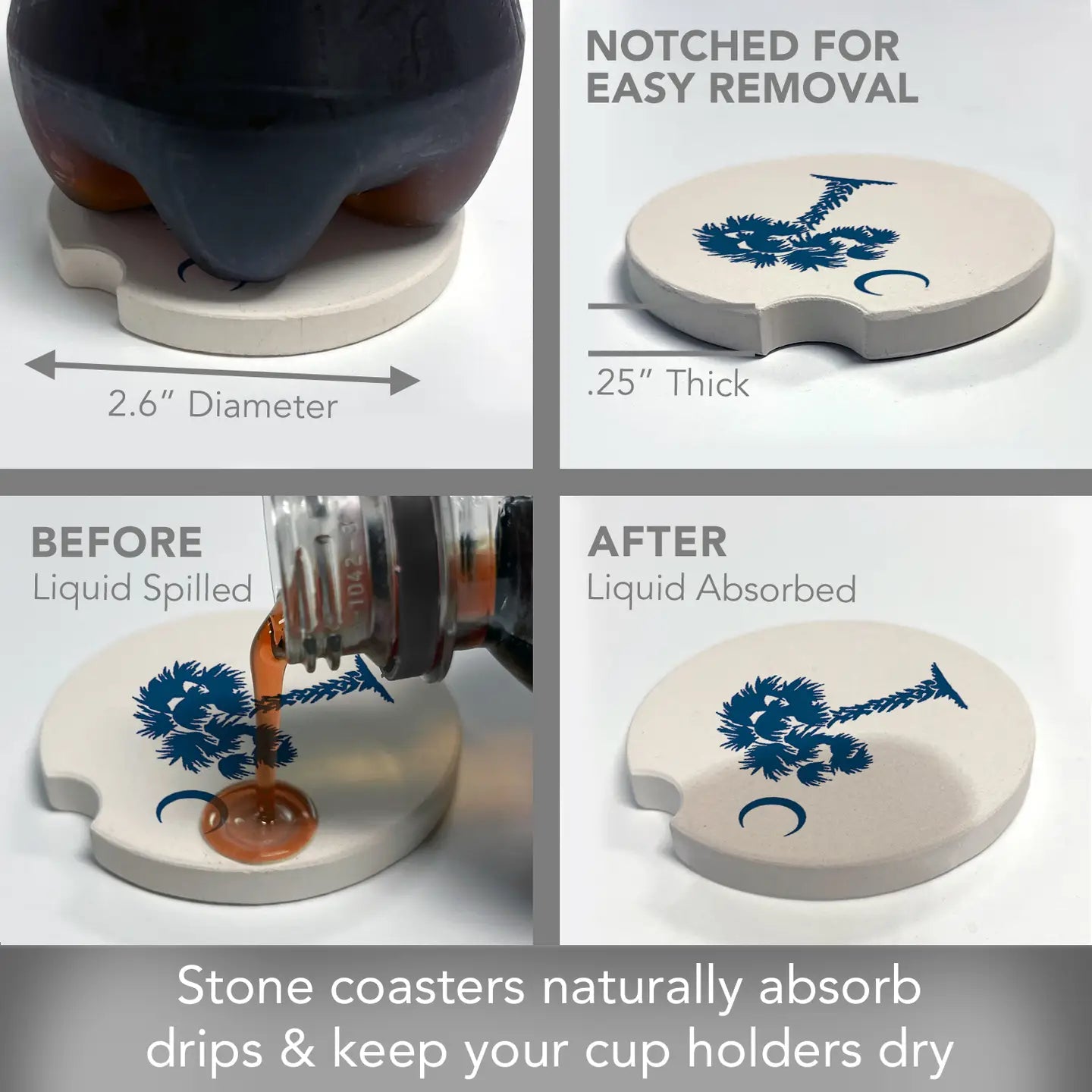 Palmetto Blue Absorbent Stone Car Coaster