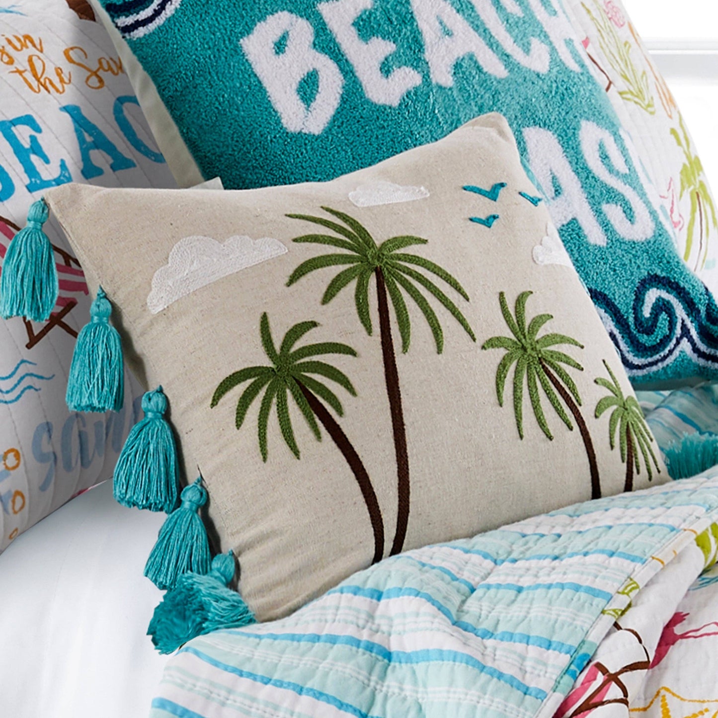 Beach Days Palm Tassel Pillow
