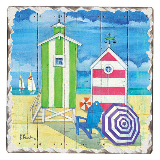 "Beach Hut" Single Tumbled Tile Stone Coaster