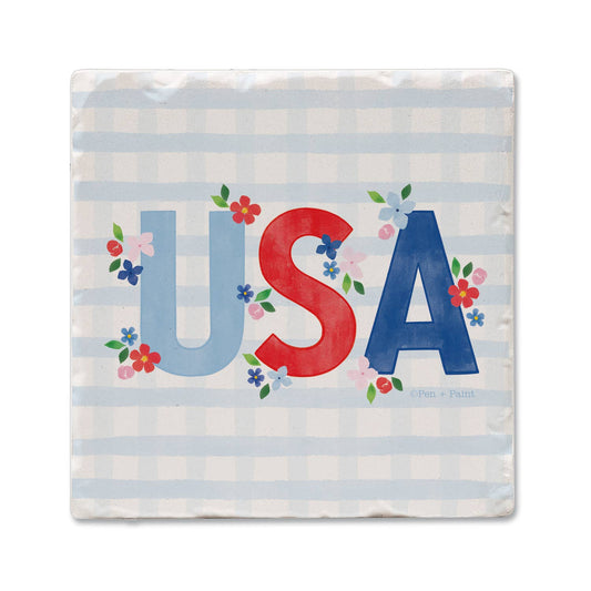 "USA Gingham" Absorbent Stone Tumbled Tile Coaster