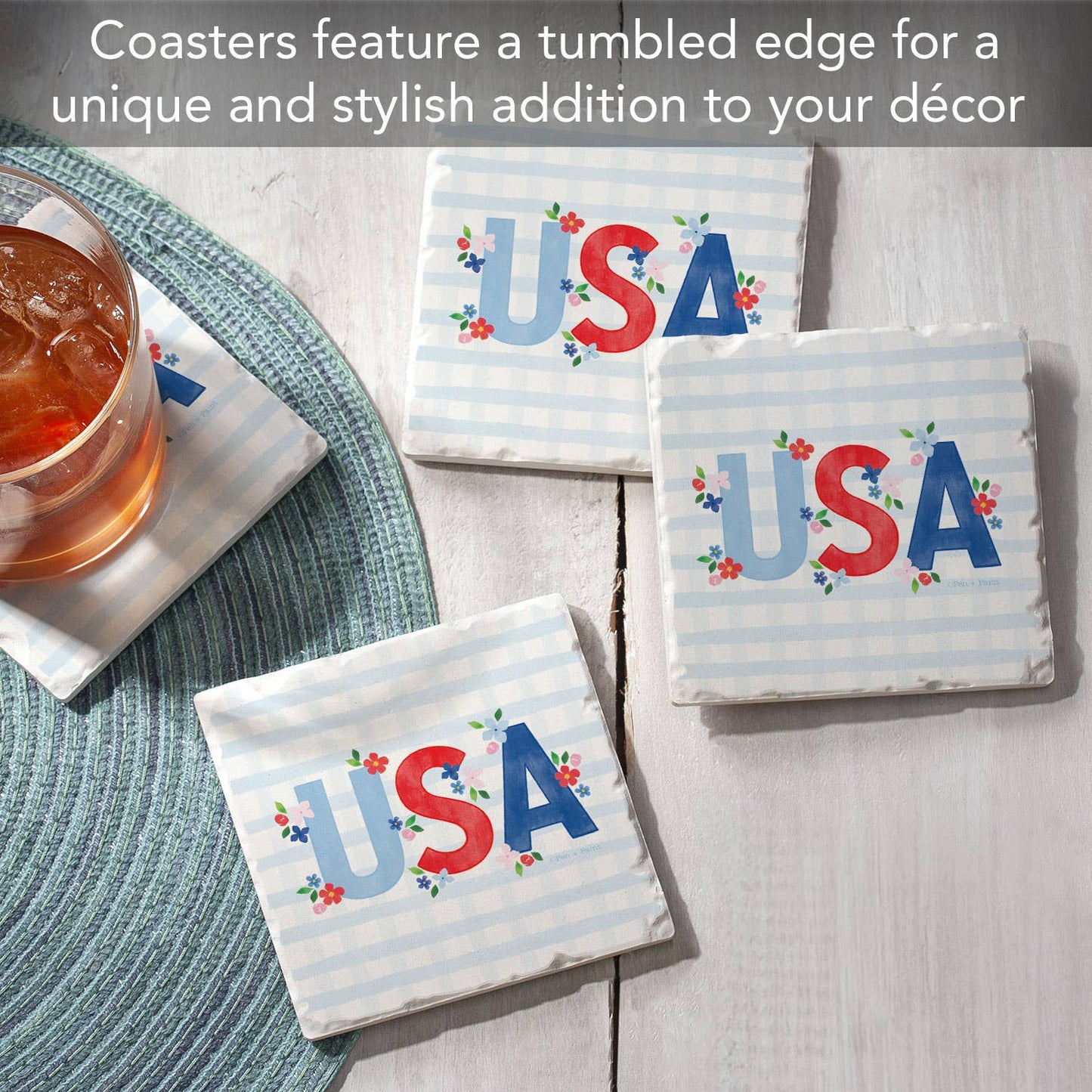"USA Gingham" Absorbent Stone Tumbled Tile Coaster