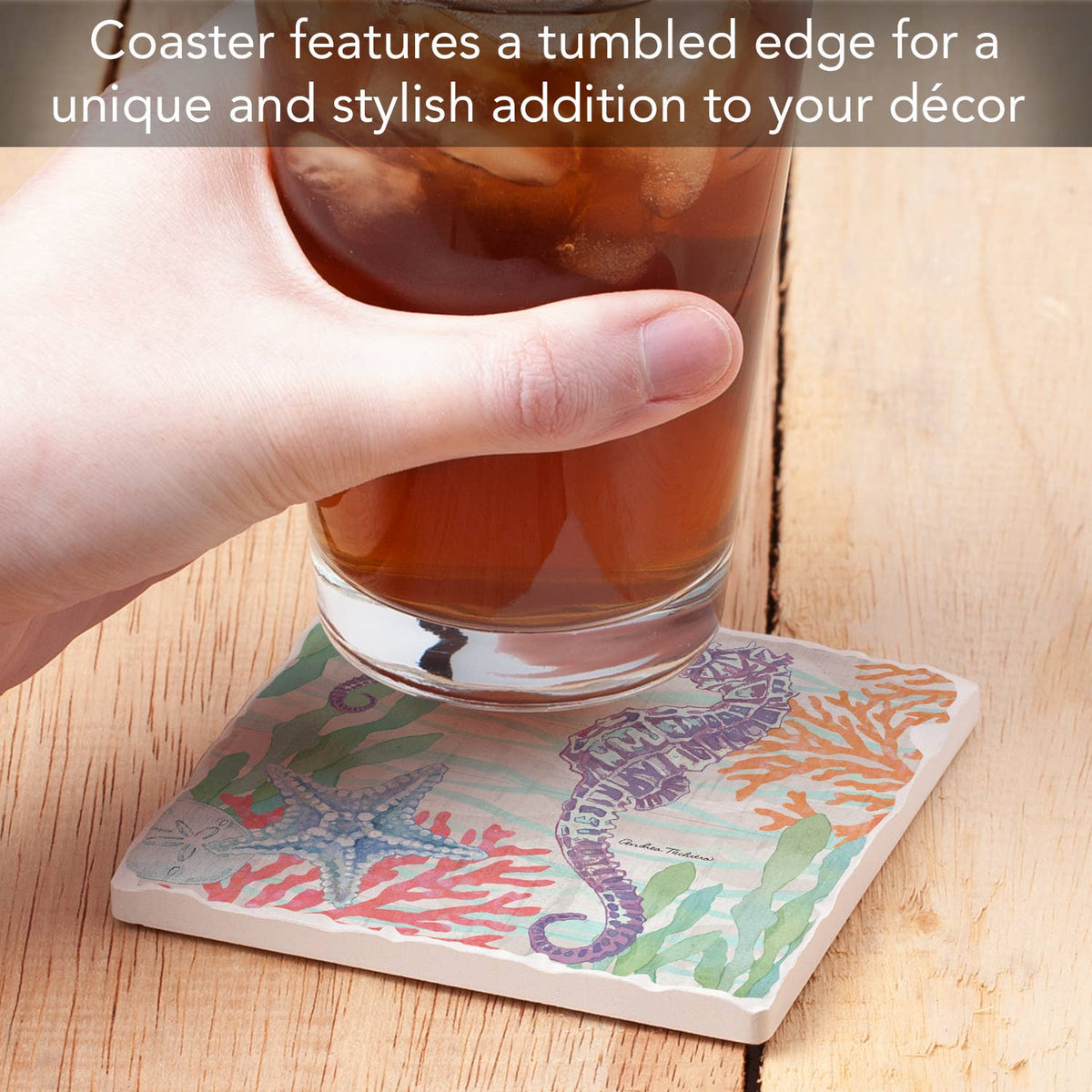 "Salt & Sea-Seahorse" Single Absorbent Tumbled Tile Coaster