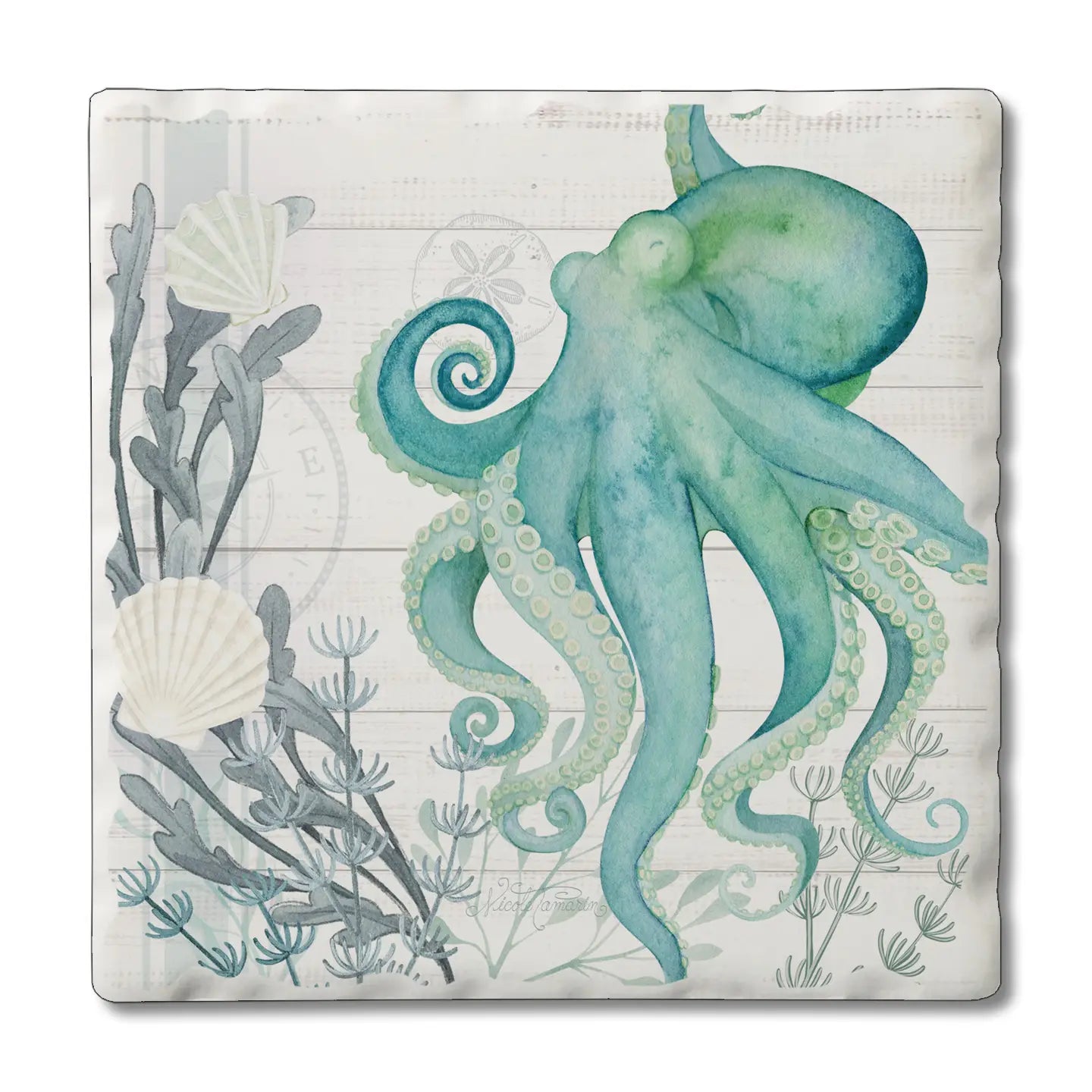 Beach Therapy Octopus Absorbent Tumbled Tile Coaster.