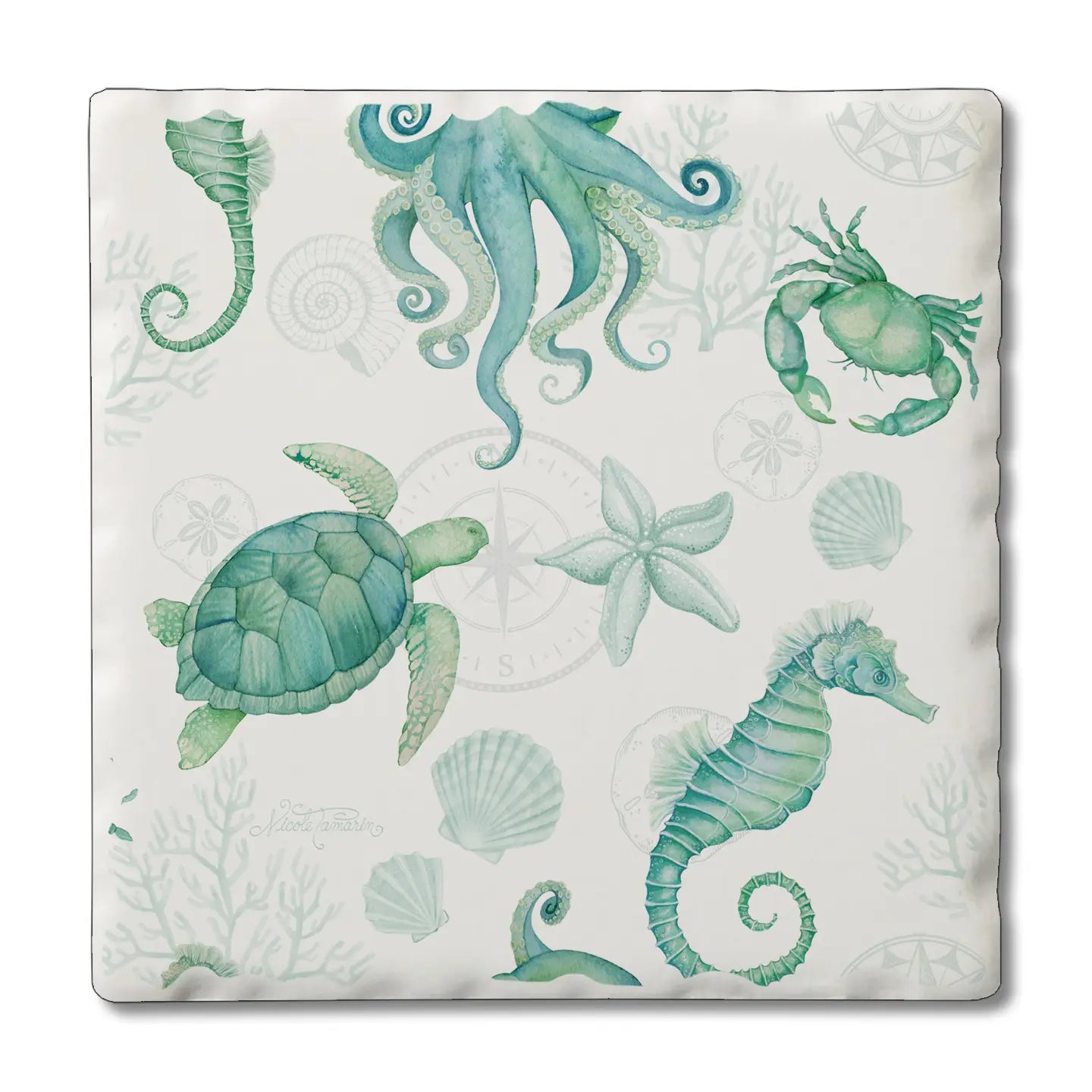 Beach Therapy Sea Life Absorbent Tumbled Tile Coaster
