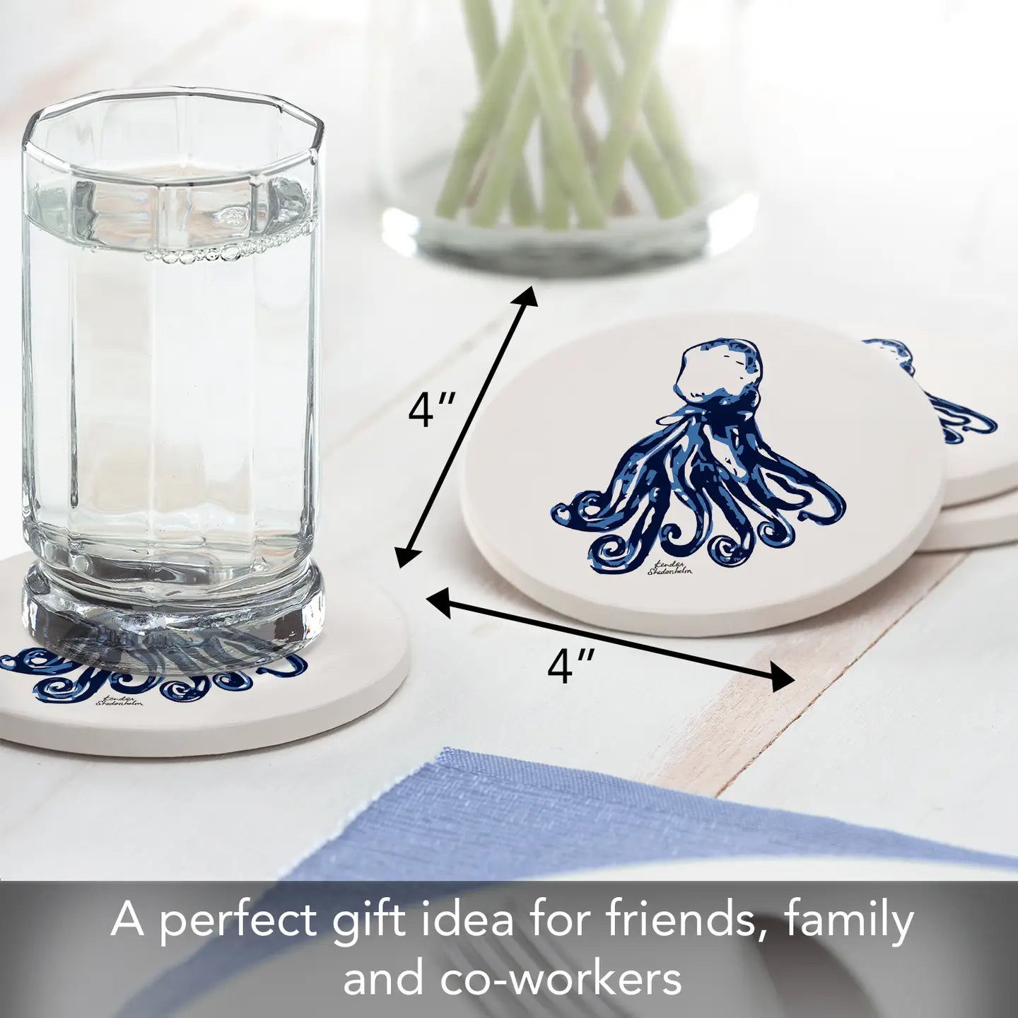 "Indigo Octopus" Round Absorbent Stone Coaster