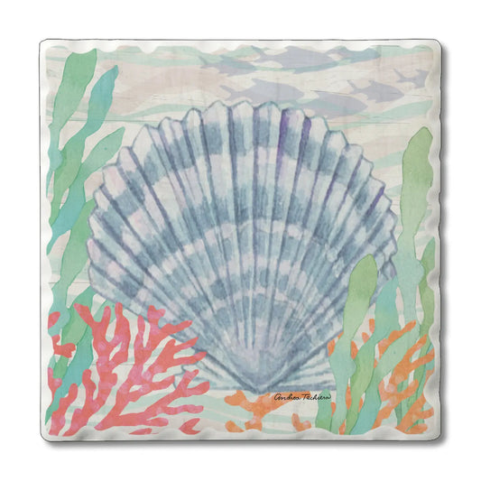 "Salt & Sea-Teal Shells" Tumbled Tile Coaster