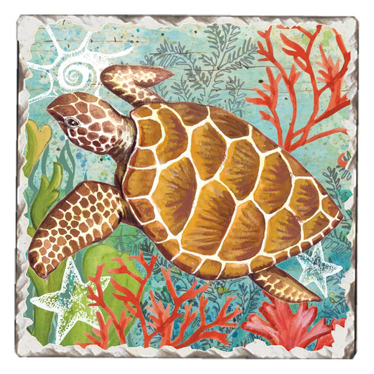 "Sea Turtle Swim" Tumbled Tile Stone Coaster
