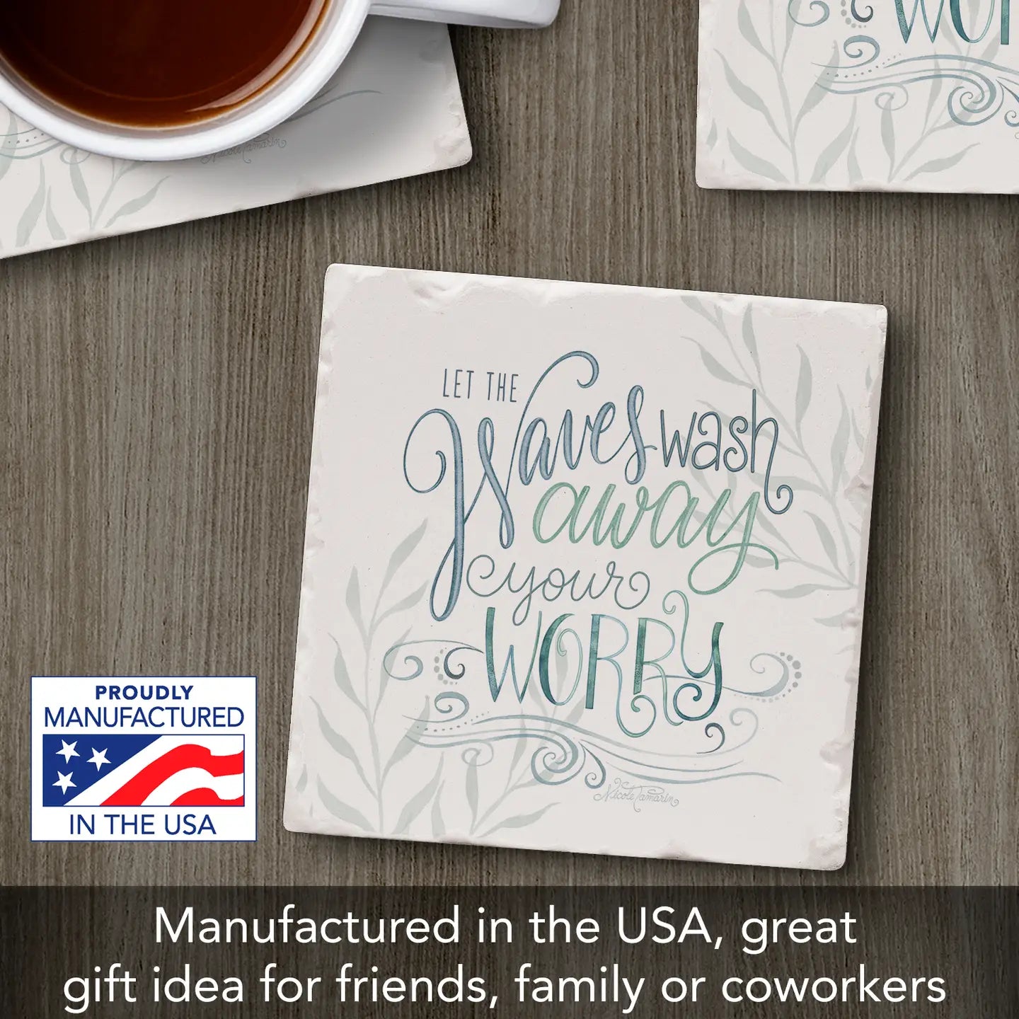 Waves Wash Away Absorbent Stone Tumbled Tile Coaster