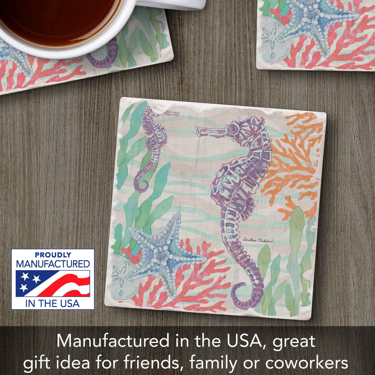 "Salt & Sea-Seahorse" Single Absorbent Tumbled Tile Coaster