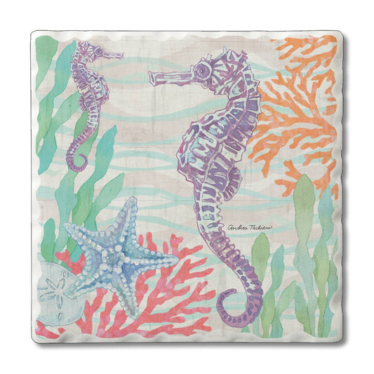 "Salt & Sea-Seahorse" Single Absorbent Tumbled Tile Coaster