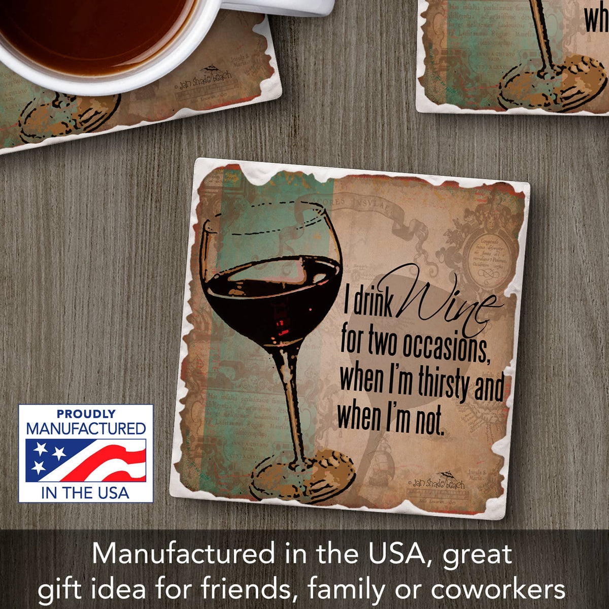"Drink Wine" Single Absorbent Tumbled Tile Coaster