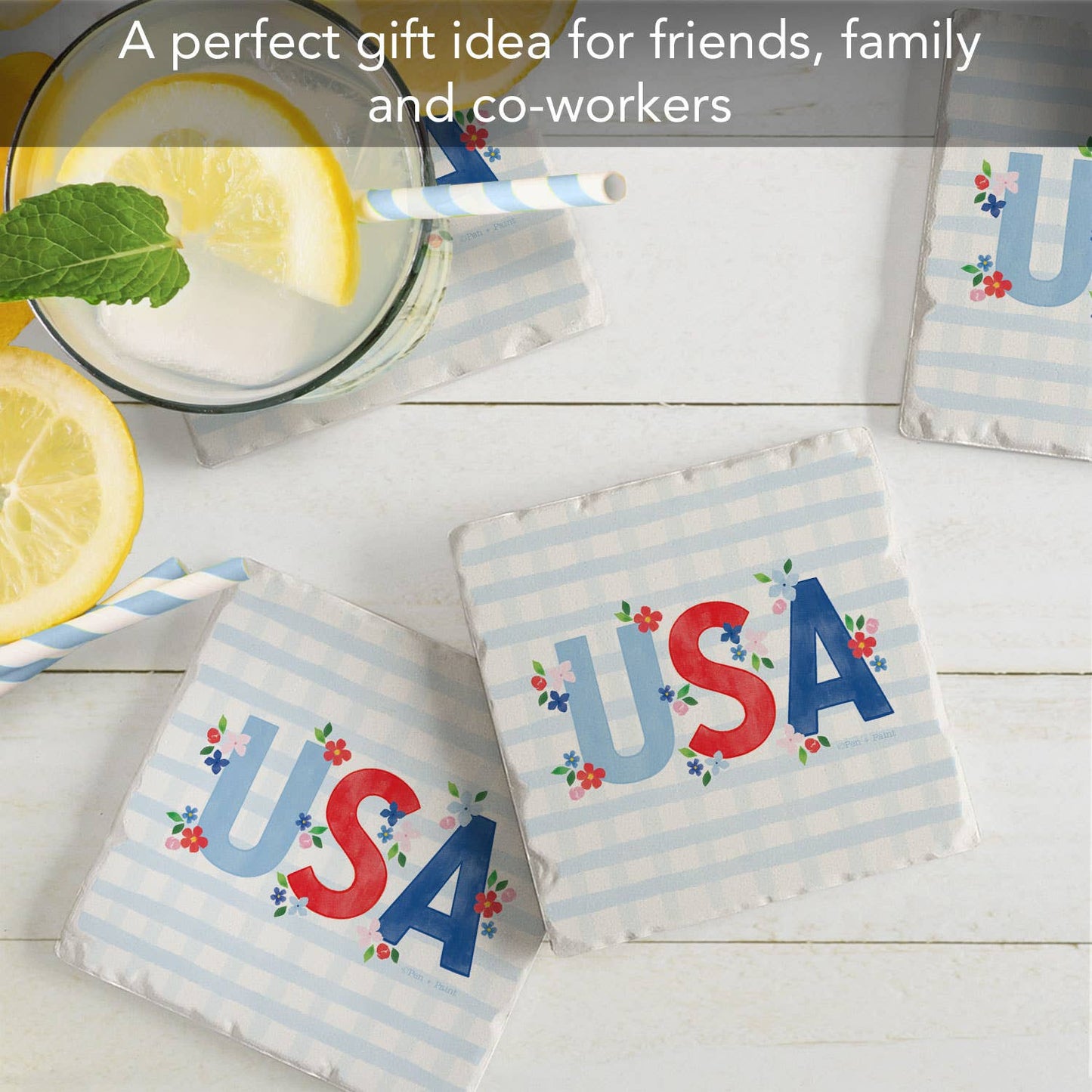 "USA Gingham" Absorbent Stone Tumbled Tile Coaster