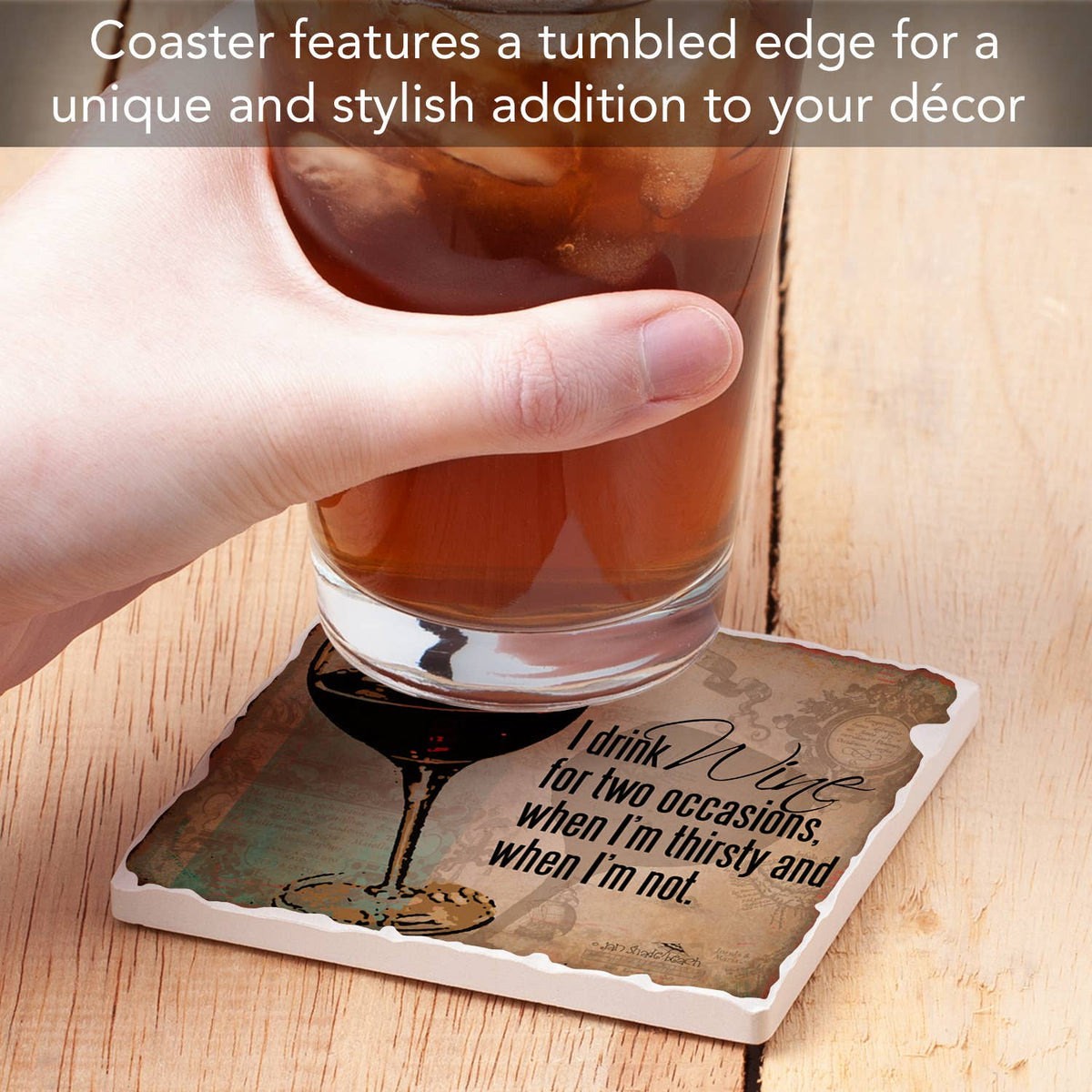 "Drink Wine" Single Absorbent Tumbled Tile Coaster